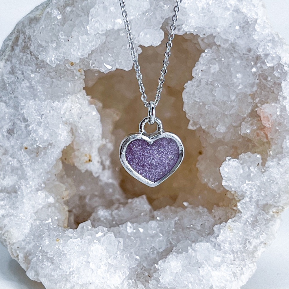 3/$20 White Gold Purple Glitter Resin Heart Handmade Charm Pendant Necklace